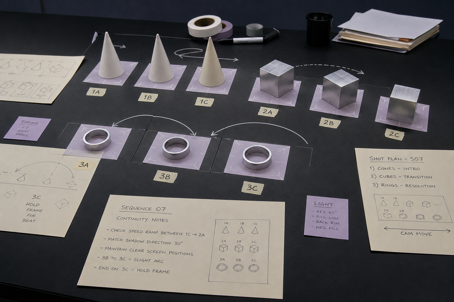 Multiple miniature stages on a matte production table